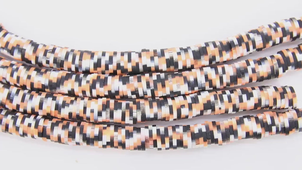8 mm Clay Flat Beads, Black Orange White Heishi Tiger Pattern beads in Polymer Clay Disc CB #169, Rondelle Multi Color