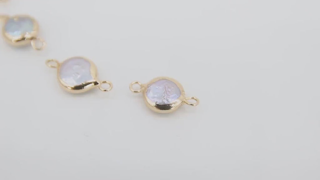 Freshwater Pearl Connectors, Gold Round Double Loop White Charms #2624, 9 x 16 mm Natural Shell Gold Edge Links