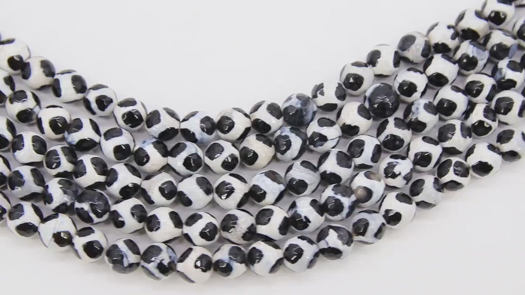 Tibetan Natural Faceted Agate Beads, DZI Agate Black and White Color Beads BS# 130, sizes 10 mm 15 inch FULL Strands