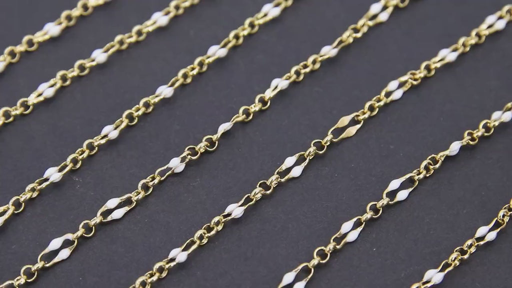 Dainty Beaded Sequin Enamel Chain, White and Gold Rolo Dapped Chain CH #646, By the Yard Unfinished