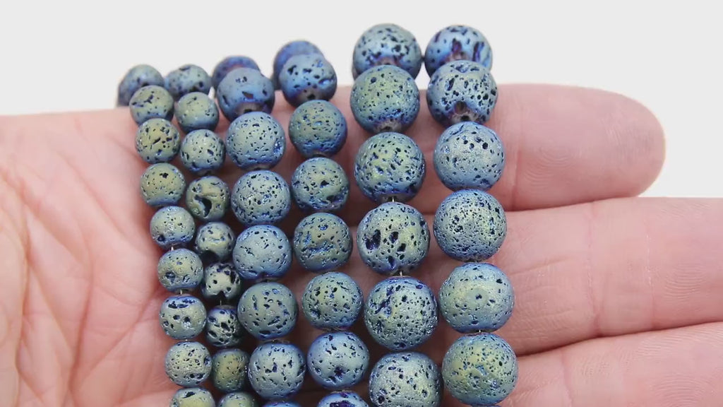 Matte Blue Plated Lava Rock Beads, Shimmery Titanium Textured Beads BS #217 sizes 6 mm 8 mm 10 mm in 15 inch Strands