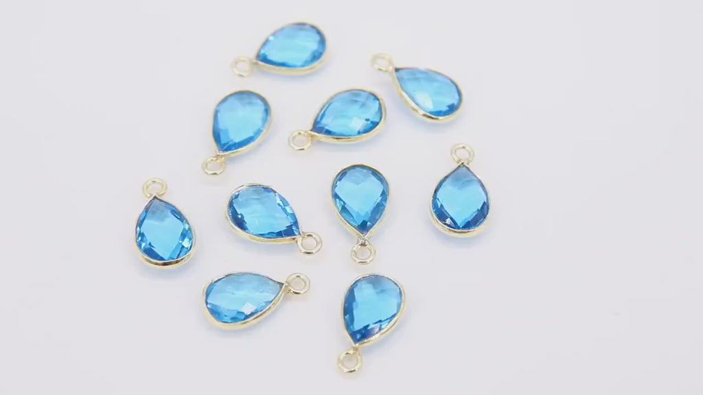 Blue Topaz Teardrop Charms, Gold Plated Oval Blue Gemstones #2854, Sterling Silver December Birthstone