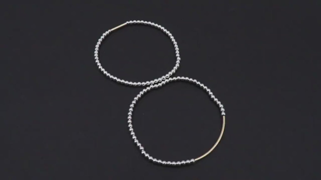 Mixed Metal Beaded Bar Bracelet, 925 Sterling Silver and  14 K Gold Filled Stretchy Curve Tube Bar Stacking Bracelets, Handmade