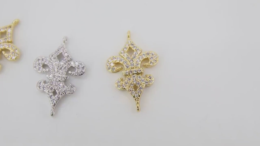 CZ Pave Gold Crown Connector, Silver Fleur De Leis Filigree Links # 2654, 2 Loop Dainty Louisiana Jewelry