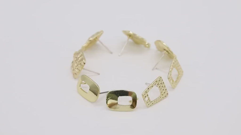 Gold Post Stud Earring Findings, 6 Pieces 10 mm Gold Plated Round, Textured Square #3630