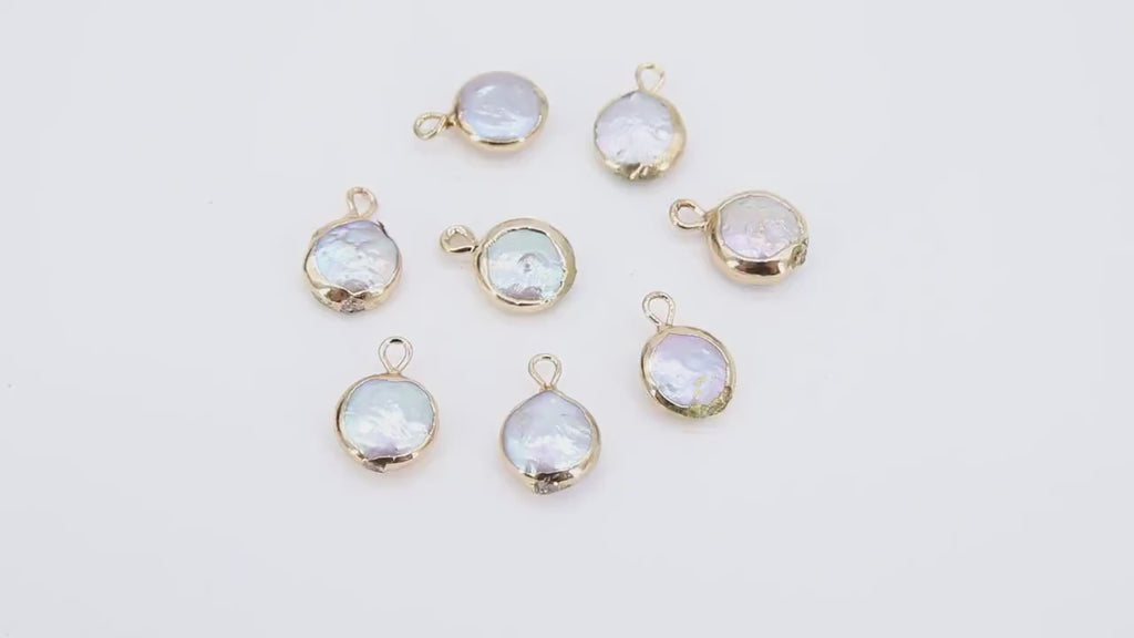 Freshwater Pearl Charms, Gold Round White Charms # 2650, 9 mm Natural Shell