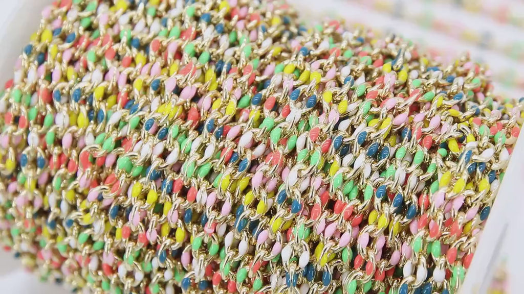 Gold Oval Satellite Enamel Chain, Rainbow Jewelry Chain Rolo CH #641, By the Foot Unfinished