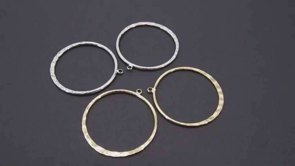 Textured Silver Round Hoop Ear Rings, 35 mm Glittery Gold Charms #2094, Hammered Gold Wire Hoops
