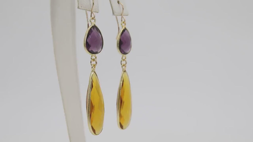 14 K Gold Amethyst Earrings, Citrine, Iolite Teardrop Gemstones February Birthstone Dangle Ear Wire Hooks