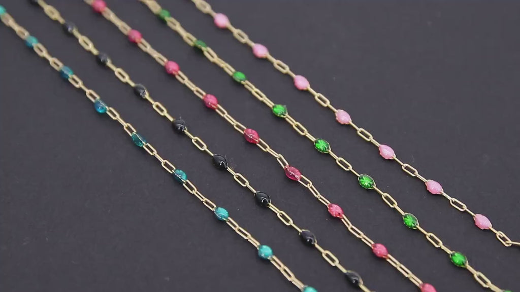 14 K Gold Filled Dainty Beaded Enamel Satellite Chain, Rainbow Jewelry CH# 783, By Foot Paperclip Flat Chains