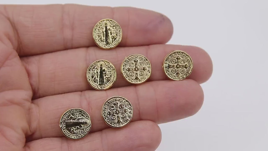 St. Benito Beads, Gold 14 mm Cross St. Benedict Round Bead #2835, Dime Size Round Medallion Medals