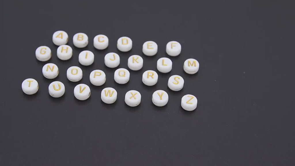 Gold Initial Acrylic Beads, Alphabet Letter in White and Gold Letters #2106, 200 Pc Flat Round Initial Bracelet beads