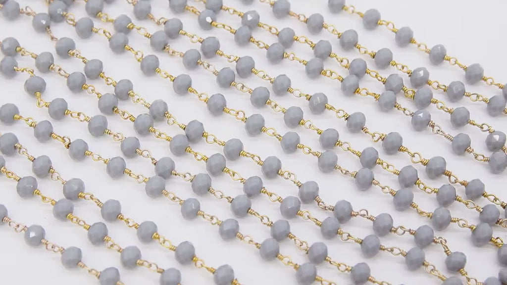 Slate Grey Beaded  Chain, 6 mm Rondelle Crystal Gold Wire Wrapped CH #514, Unfinished Boho Jewelry Chain