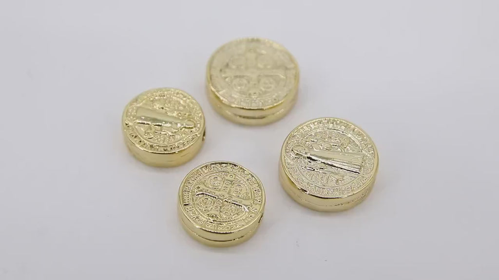 Gold St. Benito Beads, 11 or 14 mm Cross St. Benedict Round Bead #2836, Dime Size Round Medallion Medals