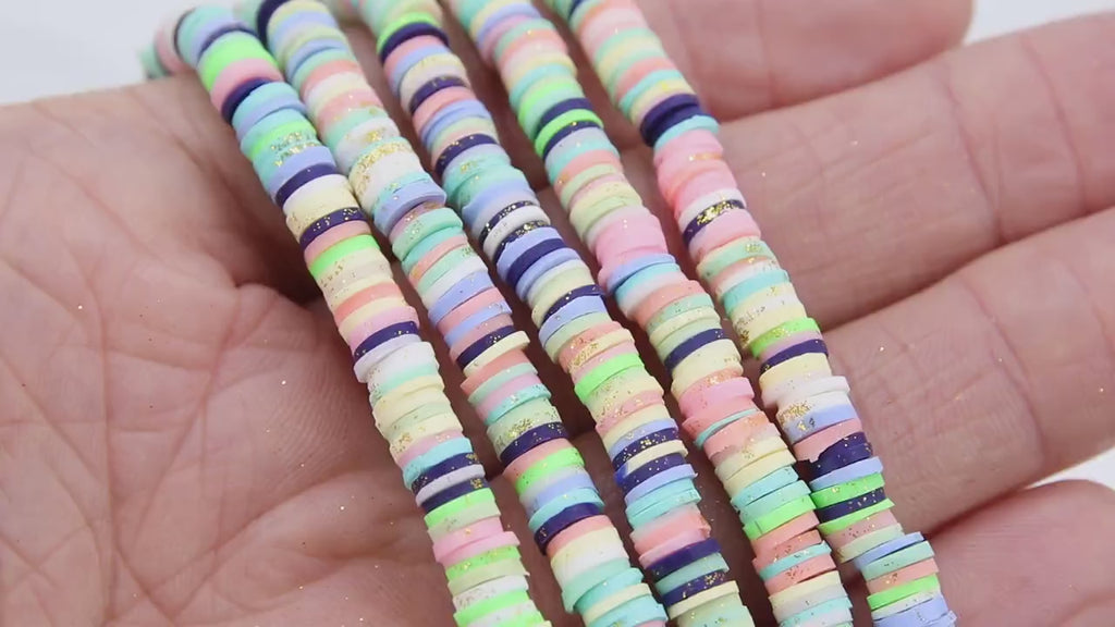 2 Strands 6 mm Clay Flat Beads, Gold Glitter Blue White Heishi in Polymer Clay Disc CB #162, Rondelle Multi Color