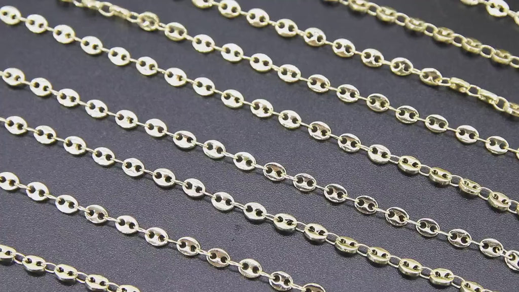 Gold Pig Nose Chain, Flat Oval Sequin Linking Chains CH #134, 3 Sizes Unfinished Cable Chains