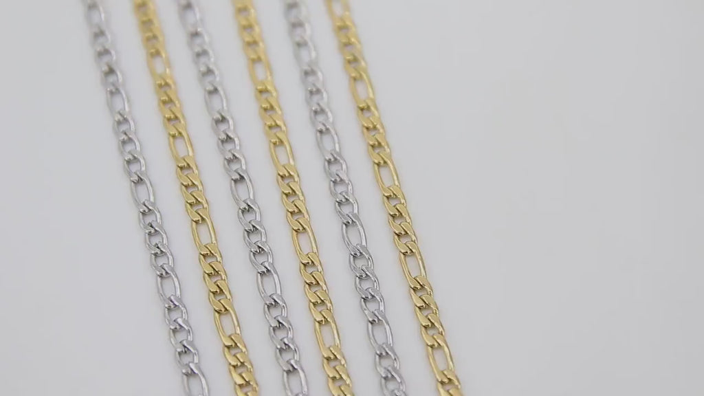 Stainless Steel Gold Figaro Faceted Chain, Silver Steel Chains CH #261, Unfinished 7 x 3 and 4 x 3 mm Links