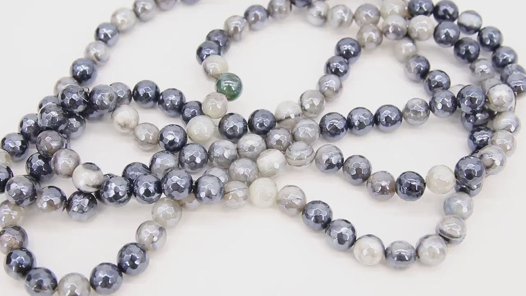 Electroplated Agate Beads, Faceted Black White Agate BS #227, Light Grey Pearlized Beads