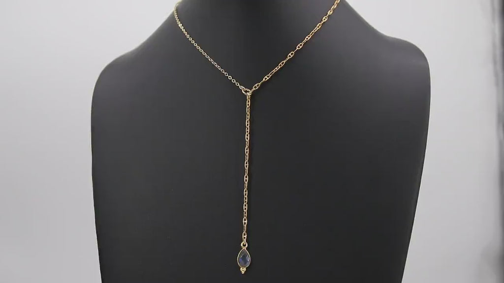 14 K Gold Filled Teardrop Necklace, Gold Mariner Anchor Chain Labradorite Lariat #433, Personalized Drop Necklace