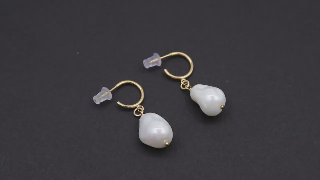 14 K Gold Filled Pearl Hoop Earrings, Gold Filled Hoop Earrings, Wire Wrap 15 mm Barquoe Pearl