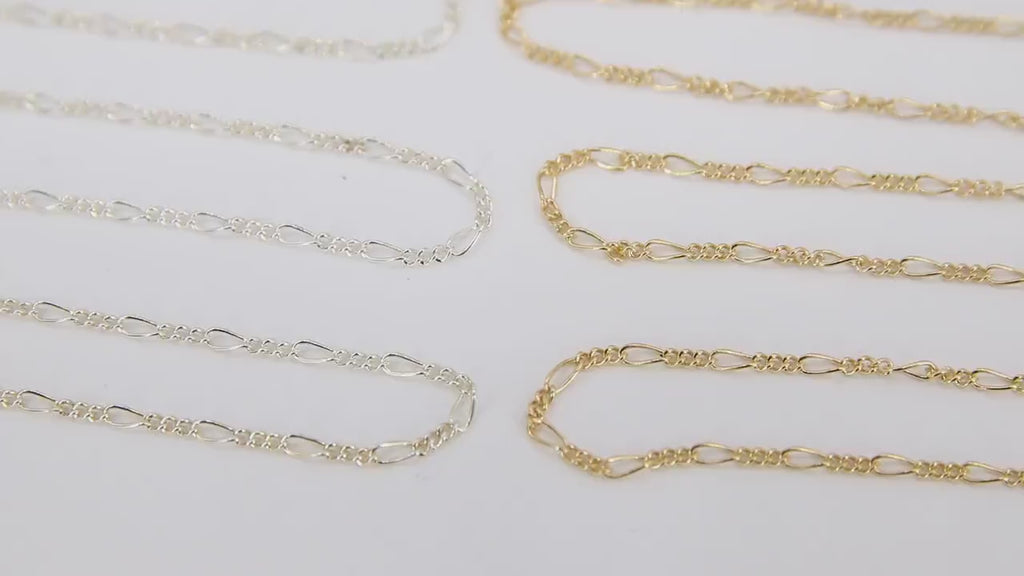 925 Sterling Silver Figaro Chains, Unfinished By The Foot CH# 843, 1.6 mm 14 K Gold Filled Dainty CH# 743 Long and Short Link Chains