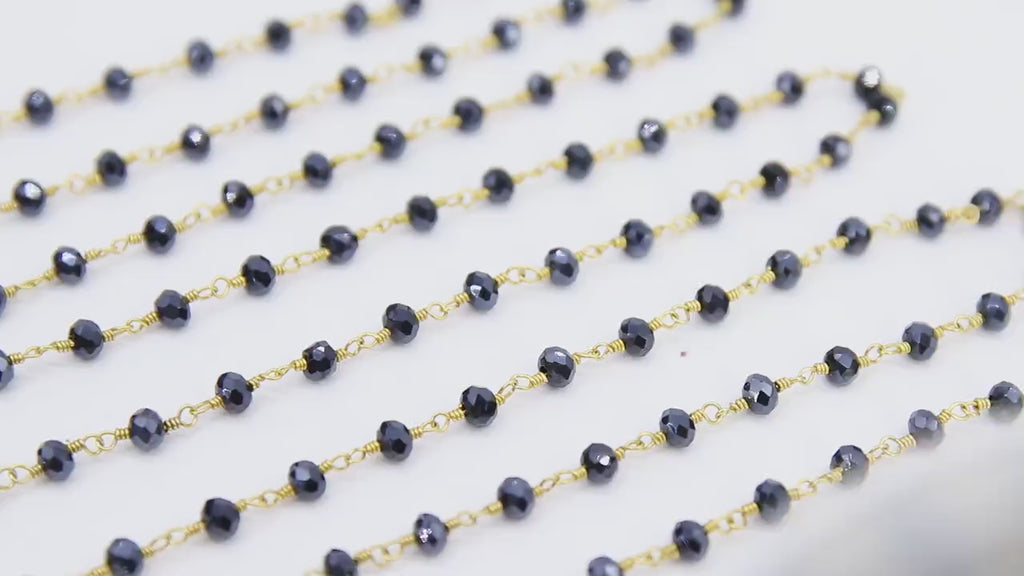 Black AB Rosary Chain, 4 mm Beaded Black Mystic Boho Chains CH #334, Gold Plated Wire Wrapped Unfinished Chains