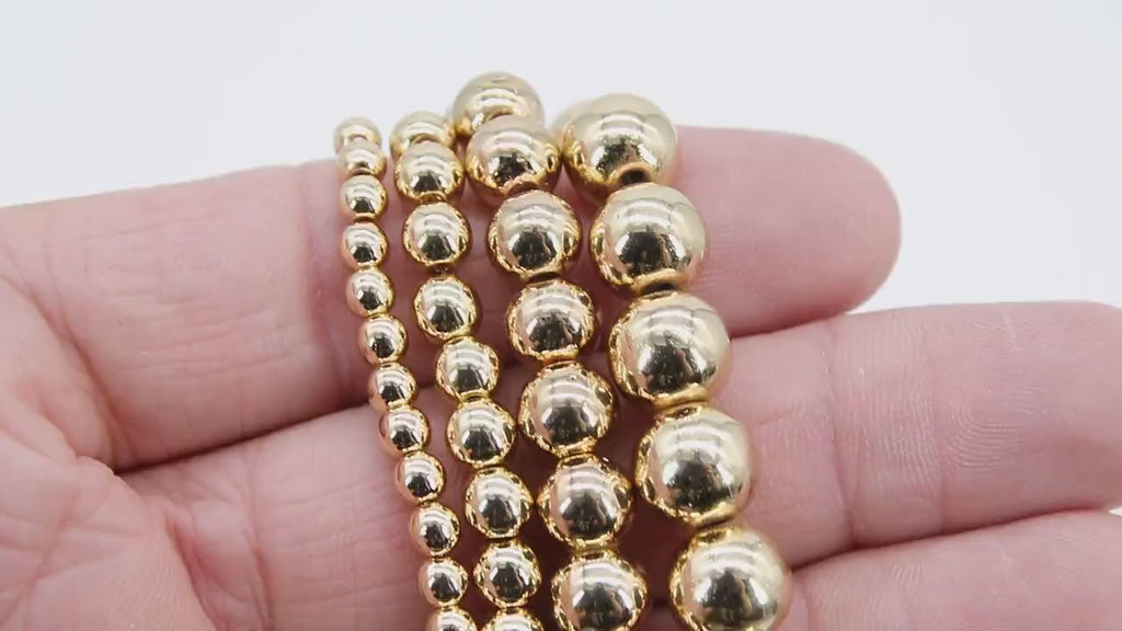 Gold Round Hematite Beads, Shimmery Smooth Polished 14 k Light Gold Color Non Magnetic Beads BS #93, sizes 4