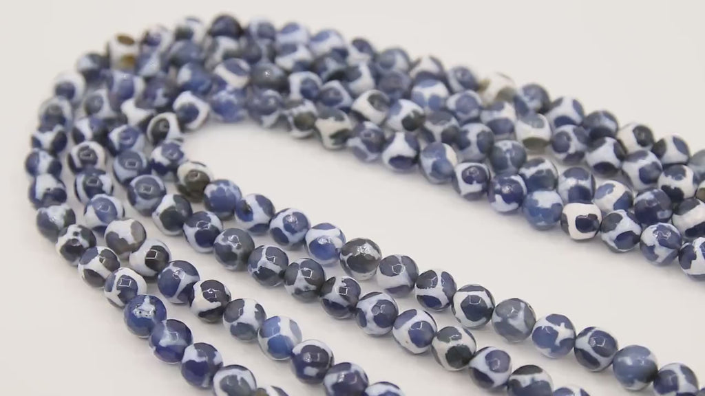 DZI Tibetan Bead Strand, Blue and White Smooth Round Beads BS #311, 8 mm Beads