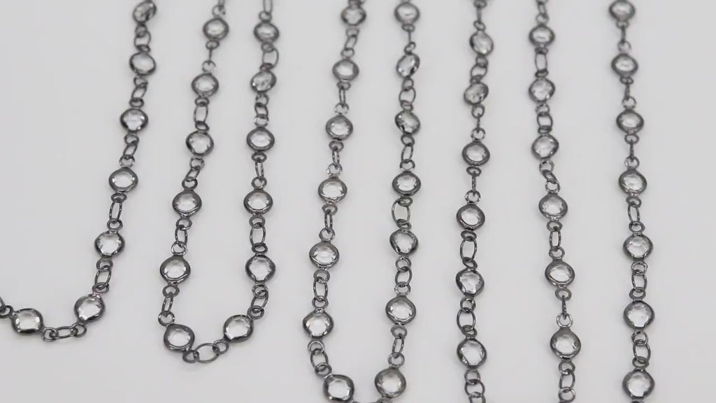 Gunmetal Black Clear Crystal 4 mm Bezel Rosary Chain, Black Plated Connector Bezel CH# 516, 4 mm Chains