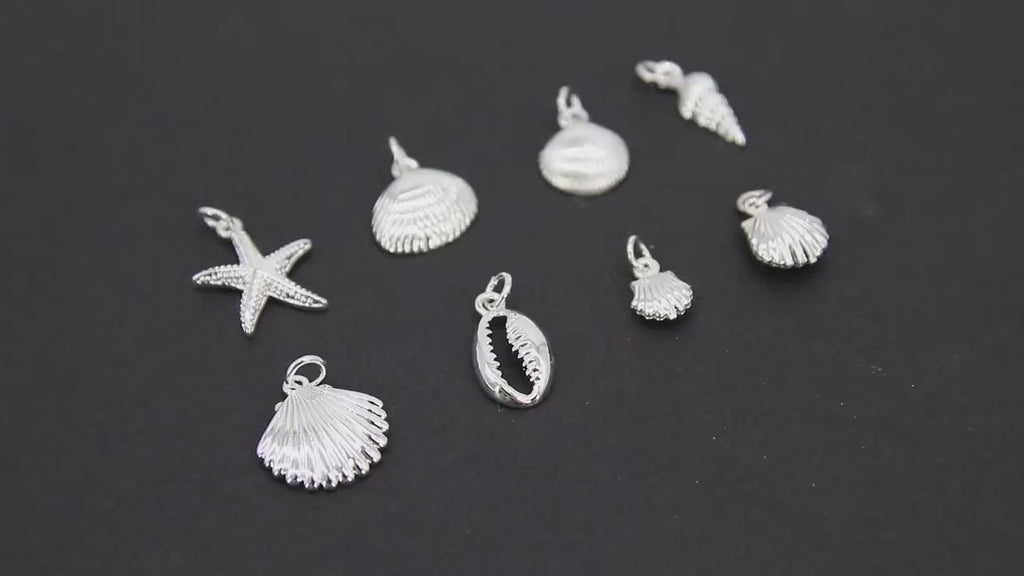 Mini Cowrie Seashell Charm, Silver Tiny Nautical Starfish Seashells #3110, Scallop Beach Shell Ocean Charms