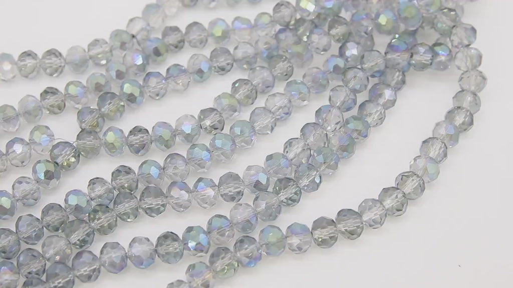 Blue Gray Crystal Beads, Shimmery Faceted AB Glass Rondelle Jewelry Beads BS# 90, sizes 8 x 6 mm 18 inch Strands