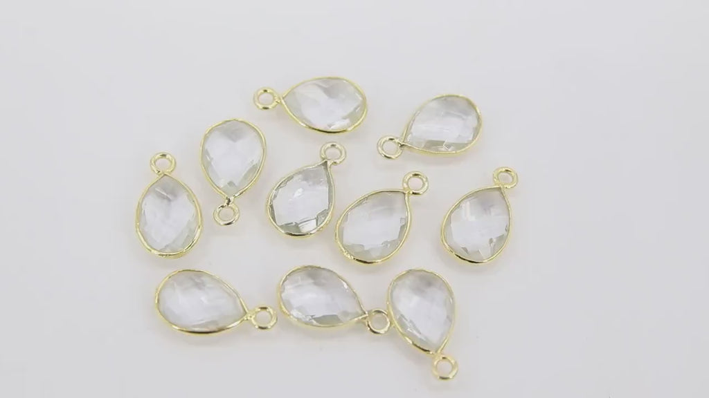 Crystal Quartz Teardrop Charms, Gold Plated Faceted Clear Gemstones #2859, Sterling Silver Birthstone Pendants