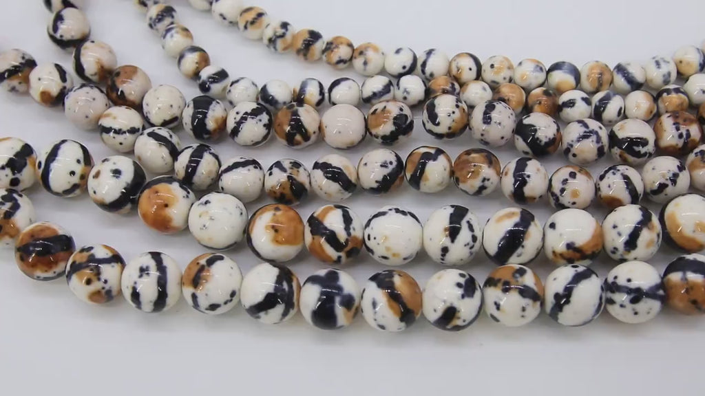 Smooth Round Dyed Black and Brown Beads, Tiger Stripe Gold Beige Color Beads BS #86, sizes in 6 mm 8 mm or 10 mm 15.75 inch Strands