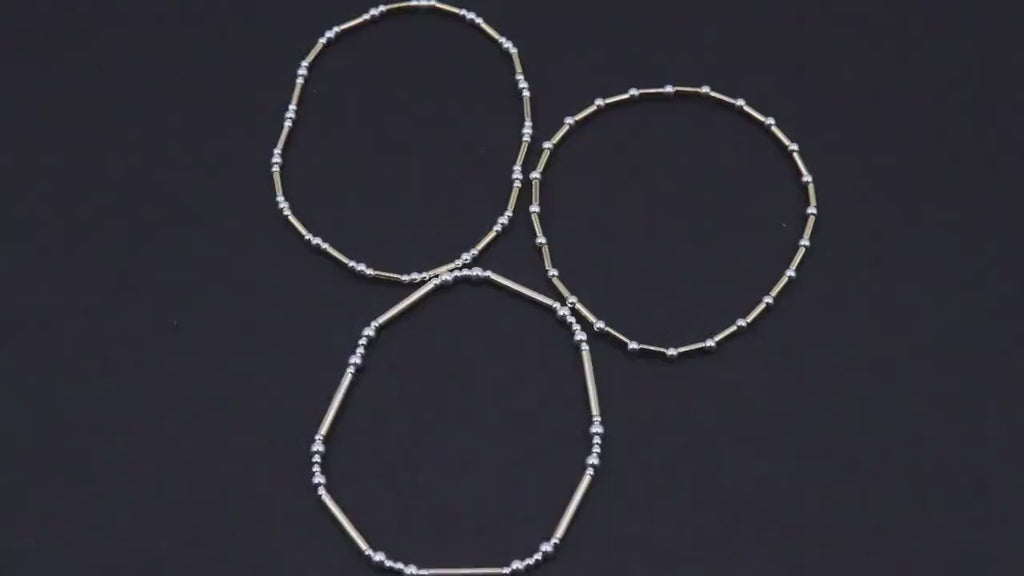 Mixed Metal Beaded Bar Bracelet, 925 Sterling Silver and  14 K Gold Filled Stretchy Short Tube Bar Stacking Bracelets, Handmade