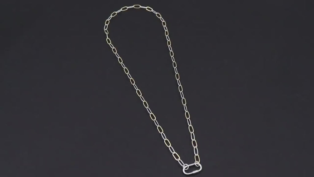 Mixed Metal Paperclip Chain Carabiner Necklace, 14 K Gold Filled & Sterling Silver Screw Clasp,Two Tone Oval Link, Waterproof