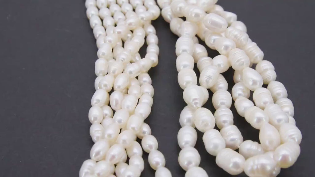 Genuine Pearl Bead Strands, 6 mm 12 mm White Baroque Pearl Beads BS #295, Oval Freshwater Rice Pearl