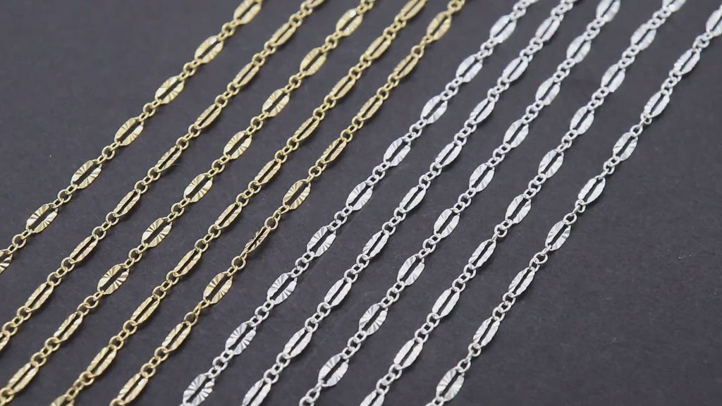 14 K Gold Fill Nugget Bar Chain, 925 Sterling Silver Long Short 2.5 mm Sequin CH# 877, 5.5 mm Hammer Starburst