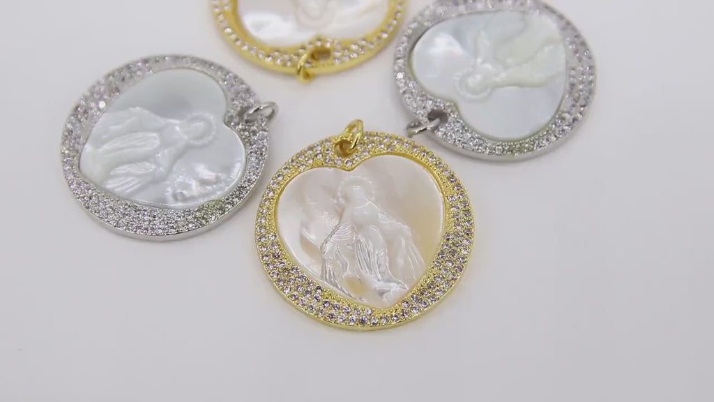 CZ Jesus  Charms, Gold White Shell Mary Round Pendant #6, Silver Heart Mother of Pearl Shell Rosary Necklace Charm