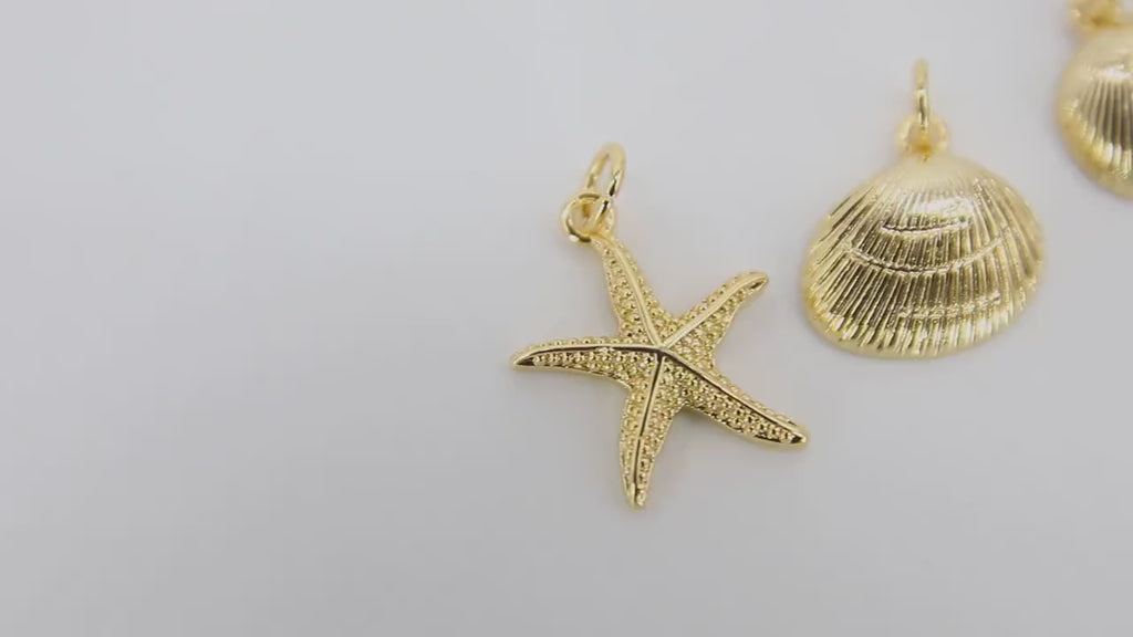 Mini Cowrie Seashell Charm, 2 Pc Gold Tiny Nautical Starfish Seashells #2646, Scallop Beach Shell Ocean Charms
