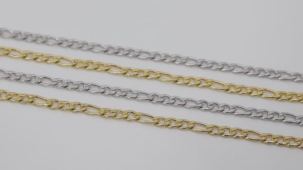 Stainless Steel Gold Figaro Faceted Chain, Silver Chains 8 x 4 and 4 x 5 mm Links CH #263, Unfinished Jewelry Chains By the Yard