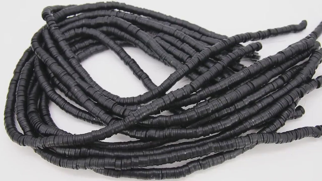 2 Strands 6 mm Clay Flat Beads, Jet Black Heishi Beads in Polymer Disc CB #153, Rondelle Beads