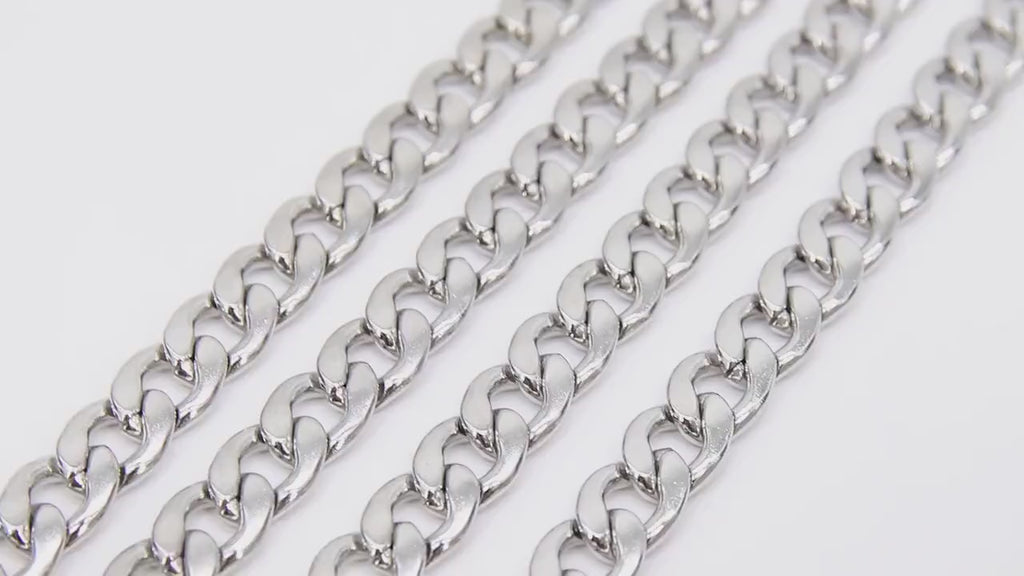 Silver Curb Chain, 14 mm 304 Stainless Steel Large Heavy Flat CH #106, Cuban Flat Oval Unfinished Silver Chains