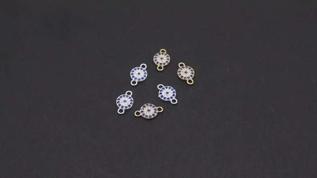 14 K Gold Filled Evil Eye Connectors, 925 Sterling Silver 6 mm CZ Micro Pave Sapphire Blue Links # 3657, Tiny Round Minimalist 2 Hole Links