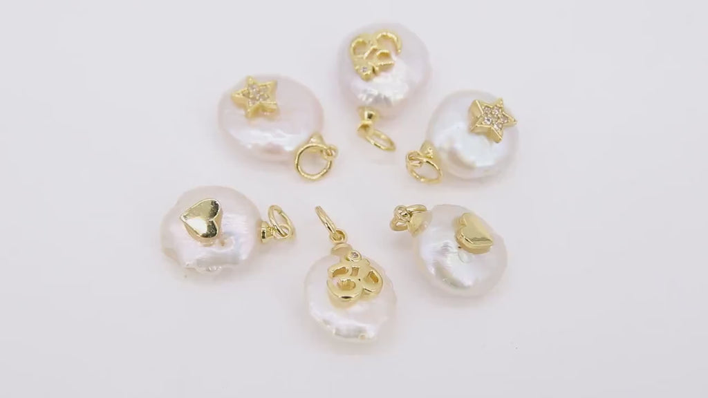 CZ Micro Pave Pearl Charms, Freshwater Pearls with Gold Heart, CZ Star