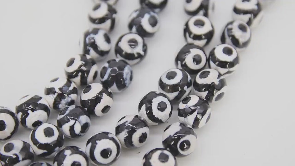 Tibetan Natural Faceted Agate Beads, DZI Agate in Black and White Dot Color Beads BS# 10, sizes 10 mm 15 inch FULL Strands