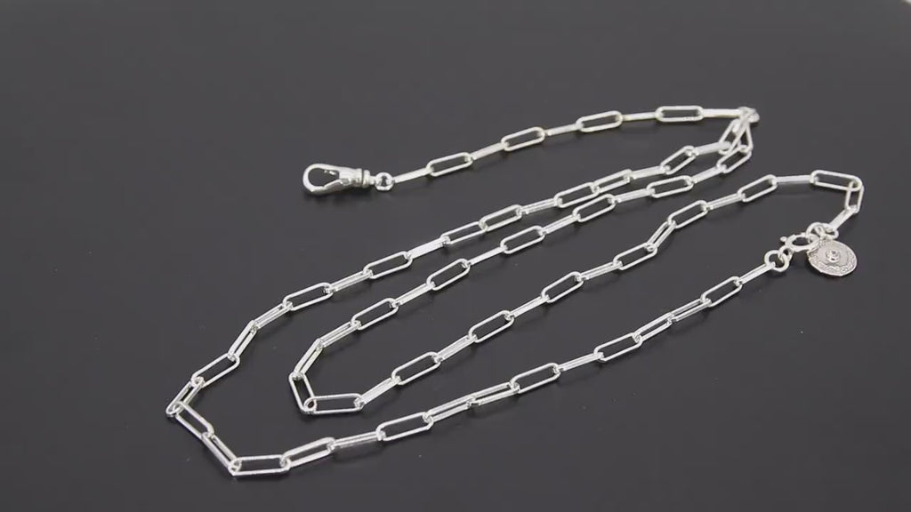 925 Sterling Silver Fob Lariat Necklace, Silver Drawn Rectangle Chain, Front Swivel Clasp Choker