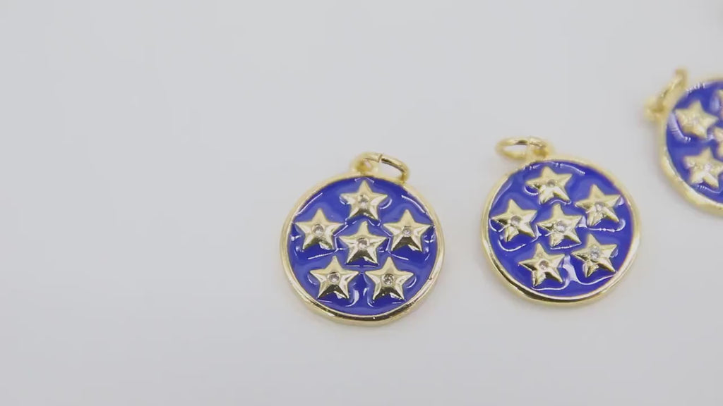 Blue Stars Charms, Gold and Royal Blue CZ Pave Round Stars Night Charms #2628, for Bracelets or Necklace Jewelry 15 x 17 mm