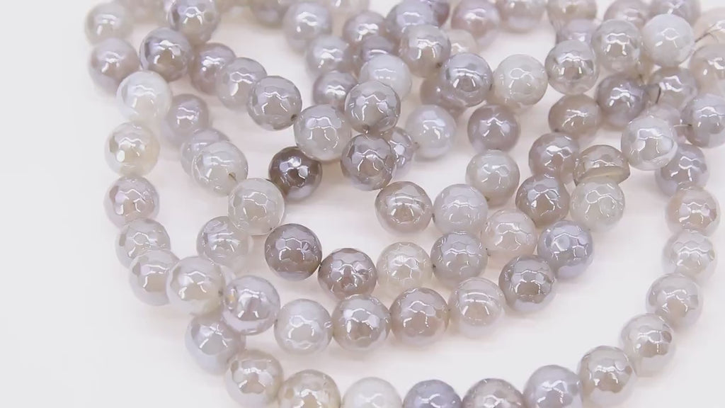 Electroplated Gray Agate Beads, Faceted Agate BS #230, White and Beige Beads