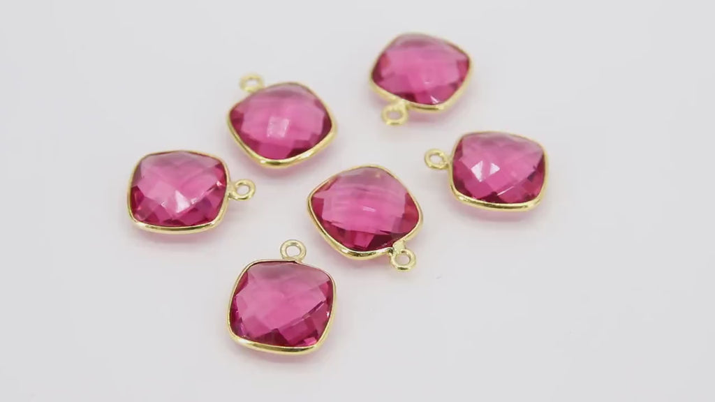 Pink Tourmaline Square Charms, 12 mm Gold Gemstone Charms #2995, Sterling Silver