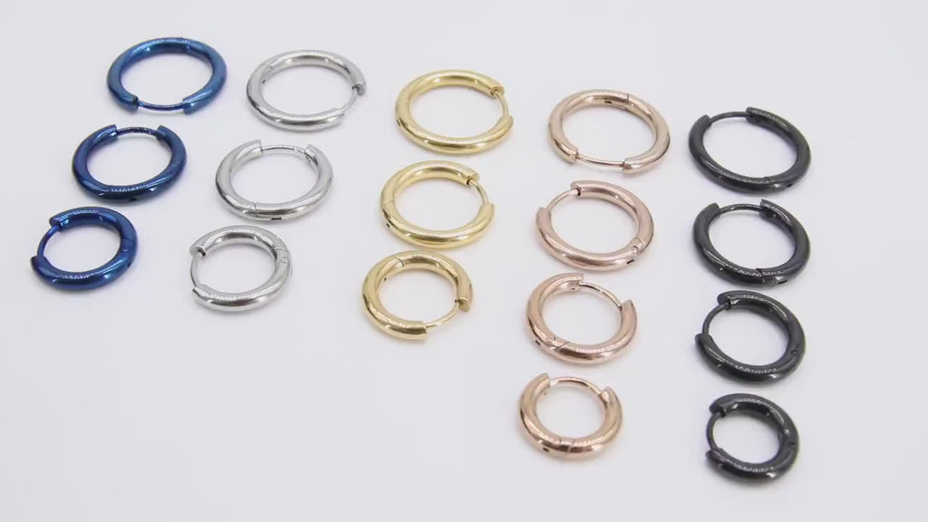 Gold Stainless Steel Hoop Earrings, 2.5 mm Thick Silver Earrings #2138, 316 Surgical Steel Blue Black Rose
